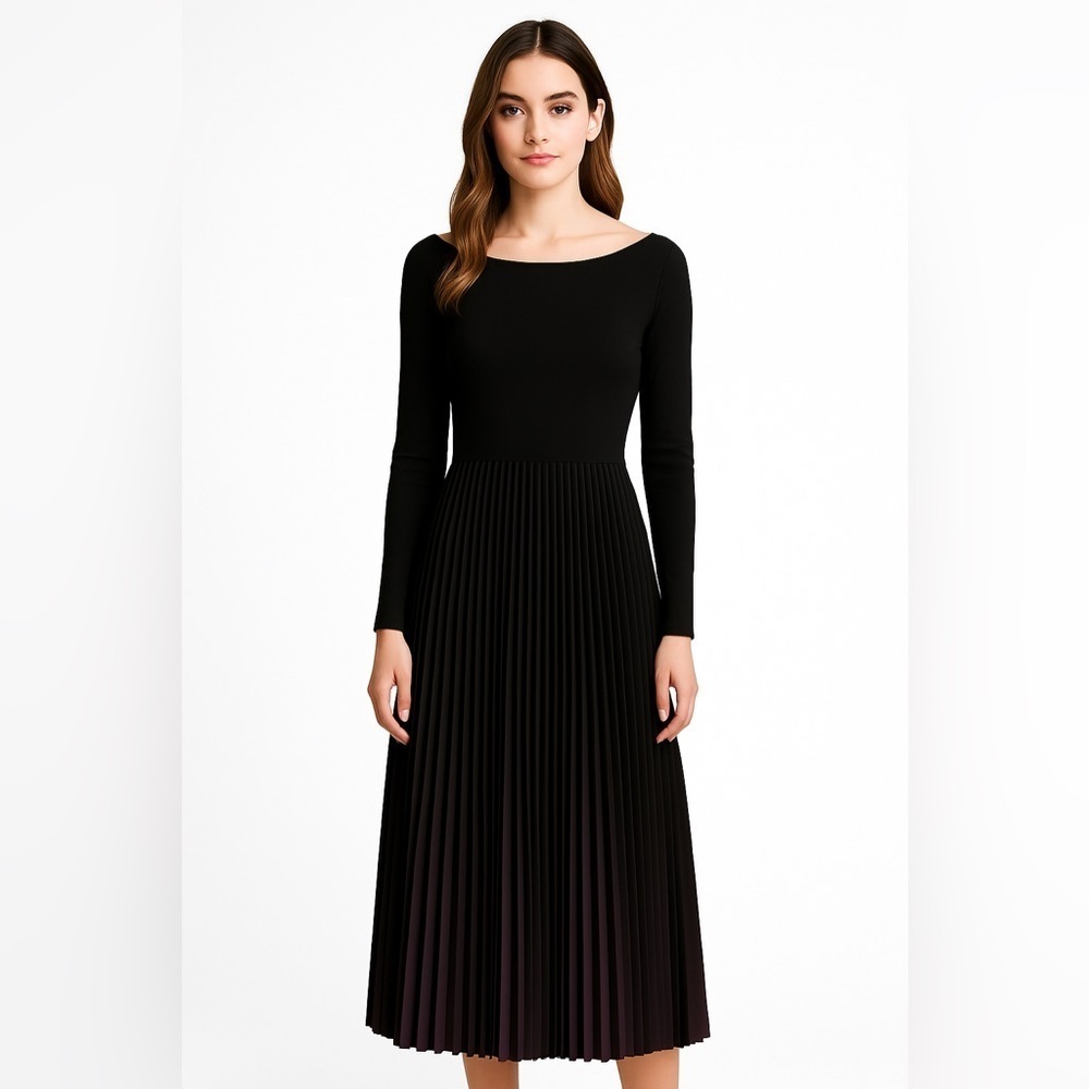 Karl Lagerfeld women's black elegant pleaded long sleeves midi dress XS/S
